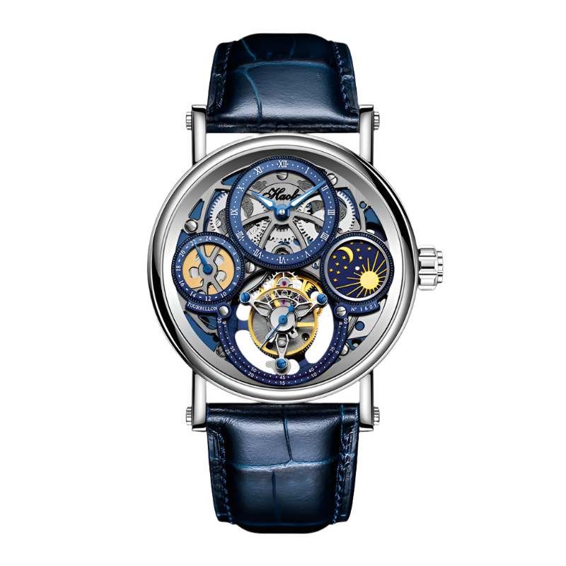 Haofa Skeleton Tourbillon Watch Man Mechanical Hollow Luminous Day and Night Painted Arabic Numerals Carve Luxury Leather 1601