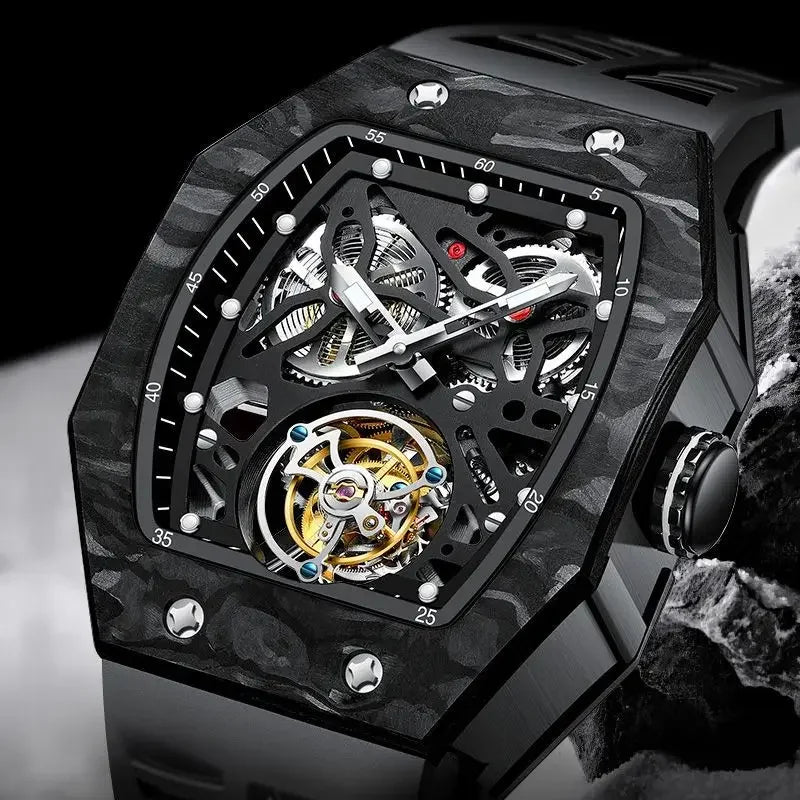 Manual AESOP Mechanical Watch with Flying Tourbillon Hand Carved Night Light Waterproof Business Style Wristwatch