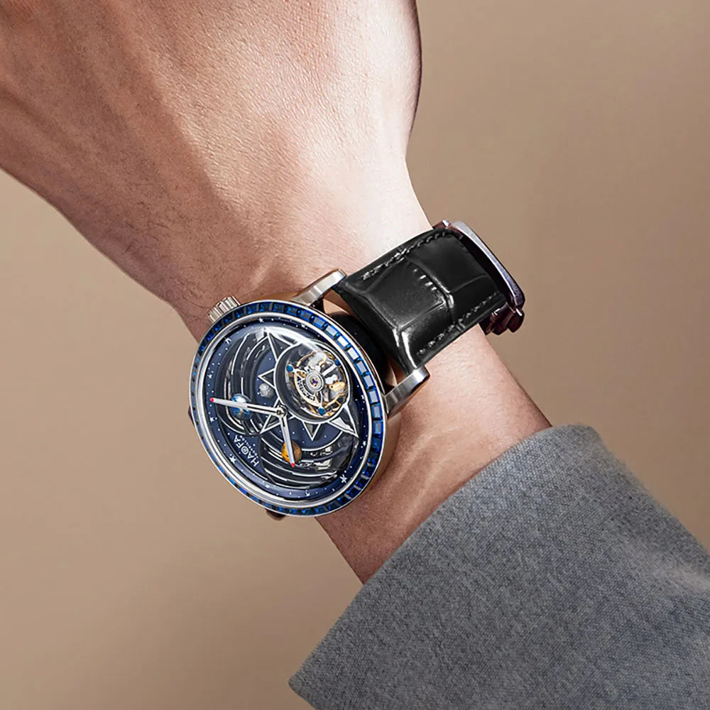 Haofa Flying Tourbillon Automatic Movement Mechanical Watch Man Solar System Zircon Luminous 316 Stainless Steel Wristwatch 2269