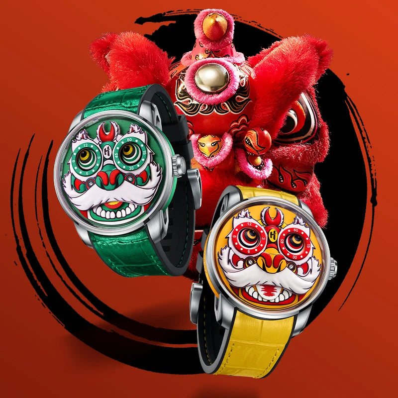 Automatic Mechanical Watches for Men Chinese Traditional Lion Dial Sapphire Waterproof Luminous Cartoon Wristwatch