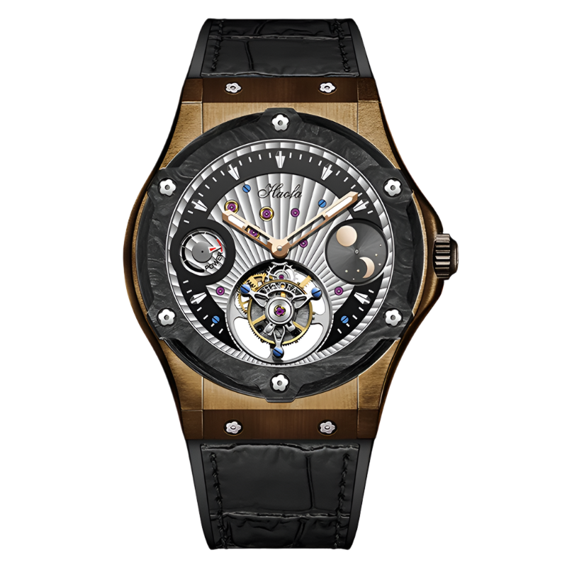 Haofa Men Moon Phase Waterproof Tourbillion Mechanical Watch Stainless Steel Case Leather Strap Butterfly Clasp Wristwatch 1915T
