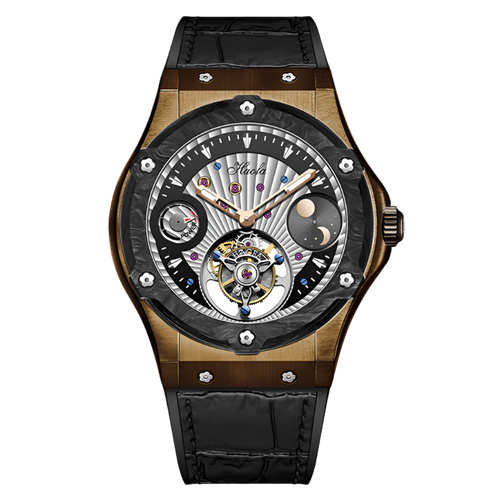 Haofa Men Moon Phase Waterproof Tourbillion Mechanical Watch Stainless Steel Case Leather Strap Butterfly Clasp Wristwatch 1915T