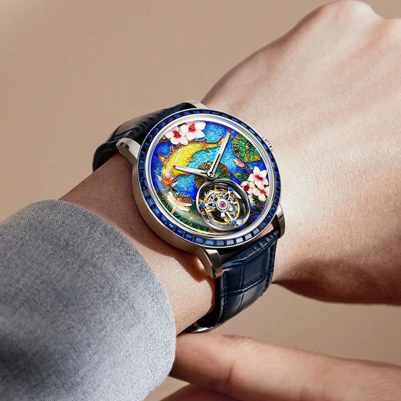 Hoafa Luxury Watch Flying Tourbillon Mechanical Men Watch Intangible Heritage Enamel Oriental Colored Zircon Bezel Designer 2261