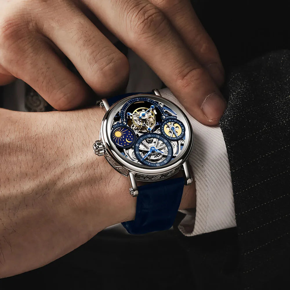 Haofa Skeleton Tourbillon Watch Man Mechanical Hollow Luminous Day and Night Painted Arabic Numerals Carve Luxury Leather 1601