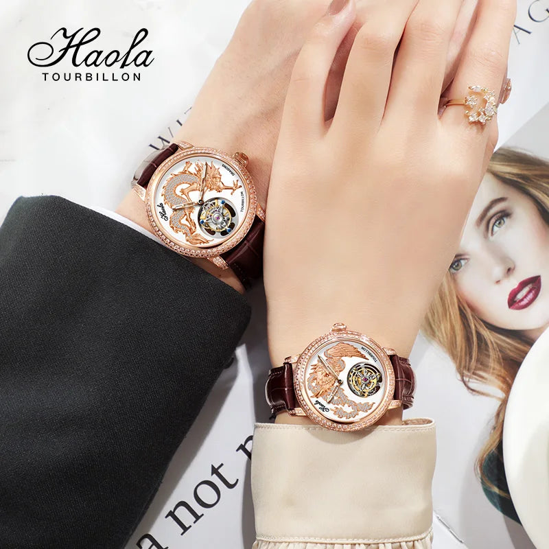 Haofa 3D Zodiac Dragon Manual Flying Tourbillon Mechanical Movement Watch Luxury Couple Sapphire Watches Exquisite Fashion 1801