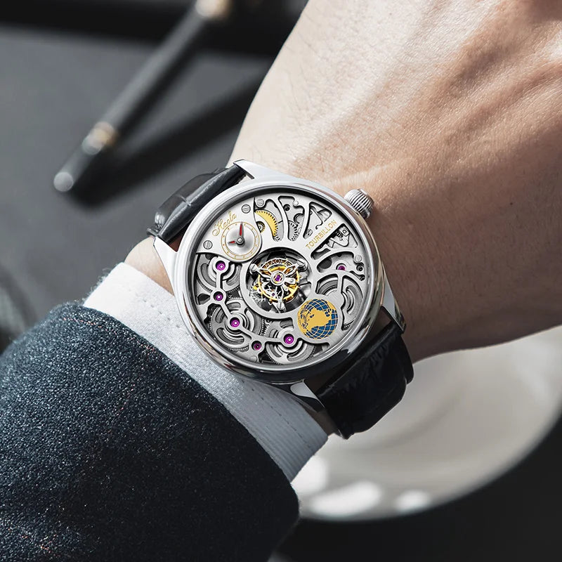 Haofa Tourbillon Mechanical Watches for Men Skeleton Center Rotating Power Earth Four Spring Drive Sapphire Crystal Mirror 1037