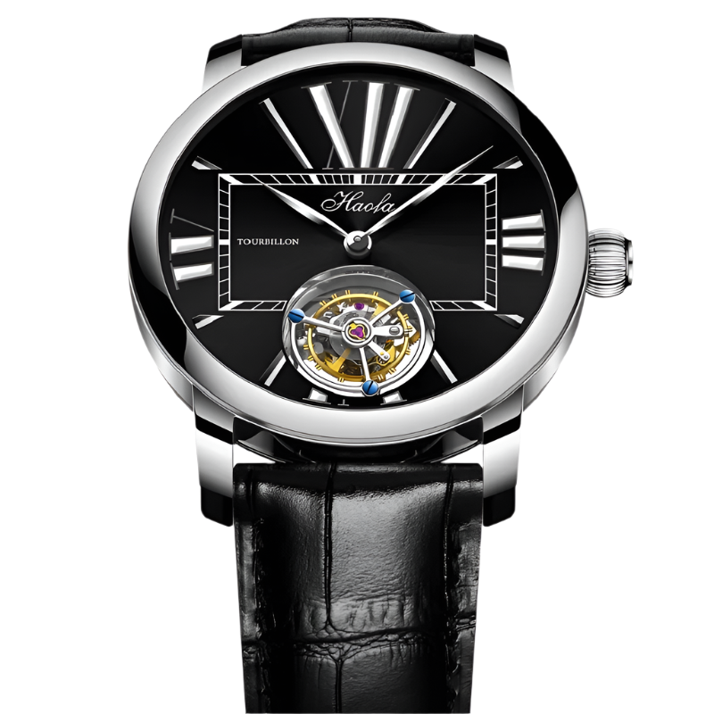 Haofa Men'S Watch Tourbillon round Dial Design Stainless Steel Case Folding Buckle Leather Strap Sapphire Waterproof Manual 1033
