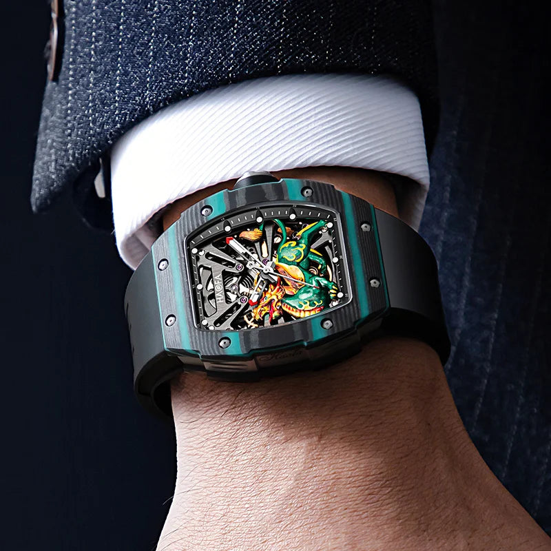 Haofa Automatic Movement Mechanical Watch Man 3D Brave Troops Chinese Style Hollow Skeleton Carbon Fiber Luminous Hardcore 1972