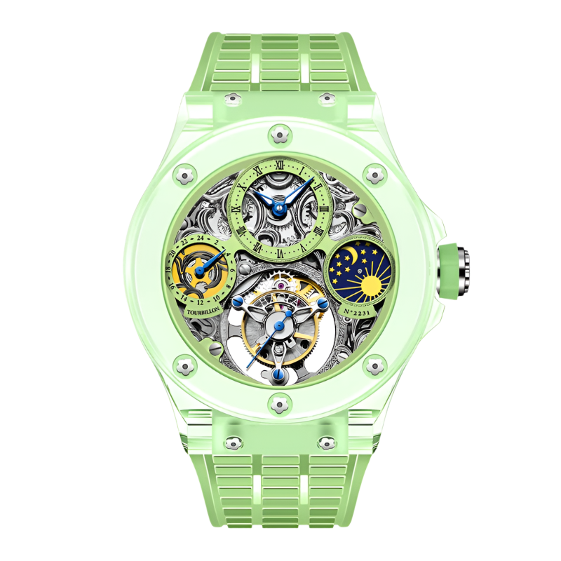 Haofa Crystal Watch for Men Tourbillon Mechanical Colorful Hollow Straight in Skeleton Painted Roman Numerals Day and Night 2231