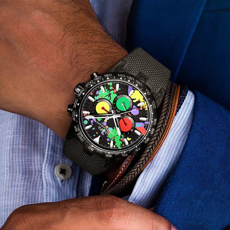 Haofa Chronograph Watch Automatic Mechanical Movement Watches for Men Carbon Fiber Case 50 Hours Power Reserve Rubber Strap 2366