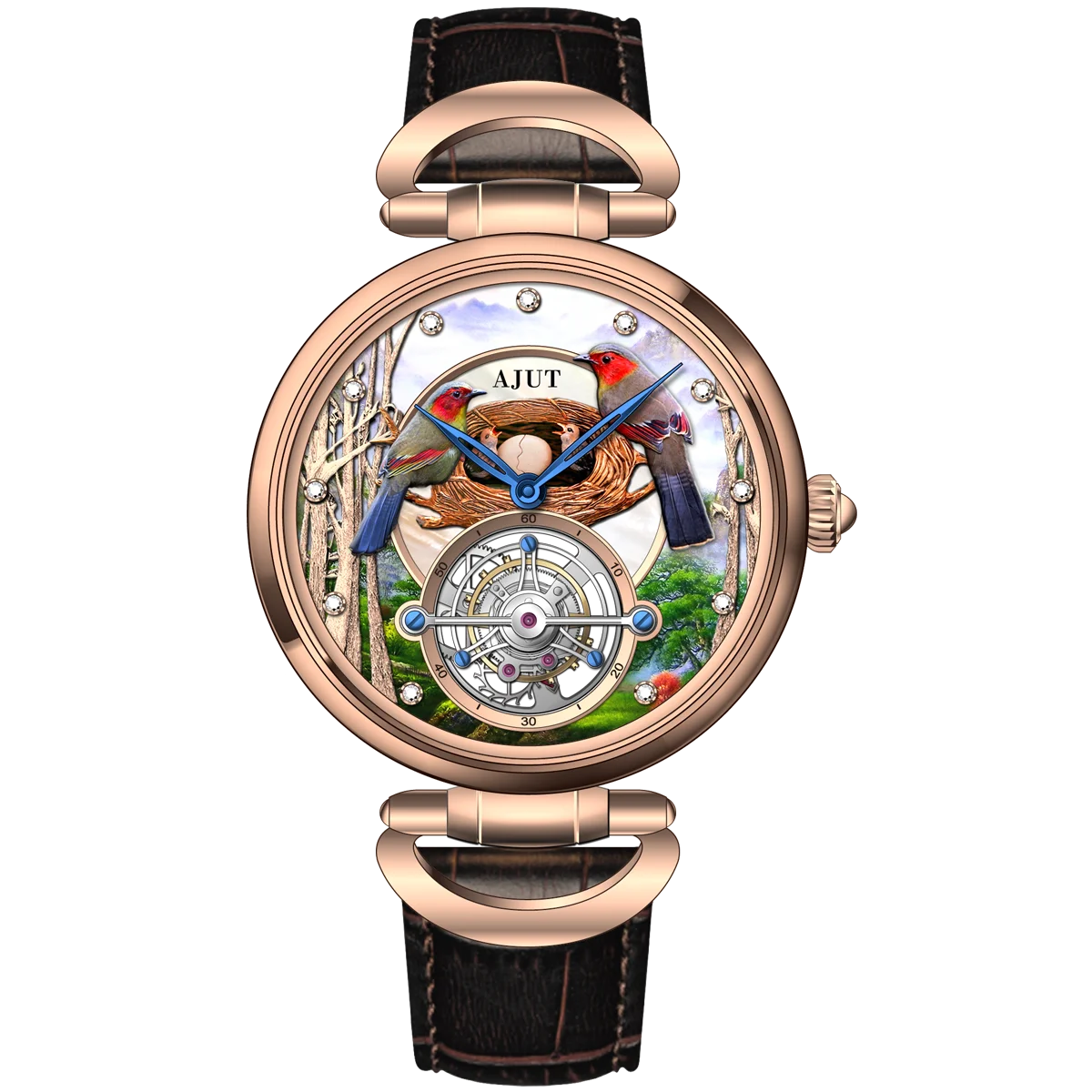 Men's Luxury Tourbillon Mechanical Watch with Embossed Bird's Nest Design and Real Diamond Inlays on Italian Leather Strap
