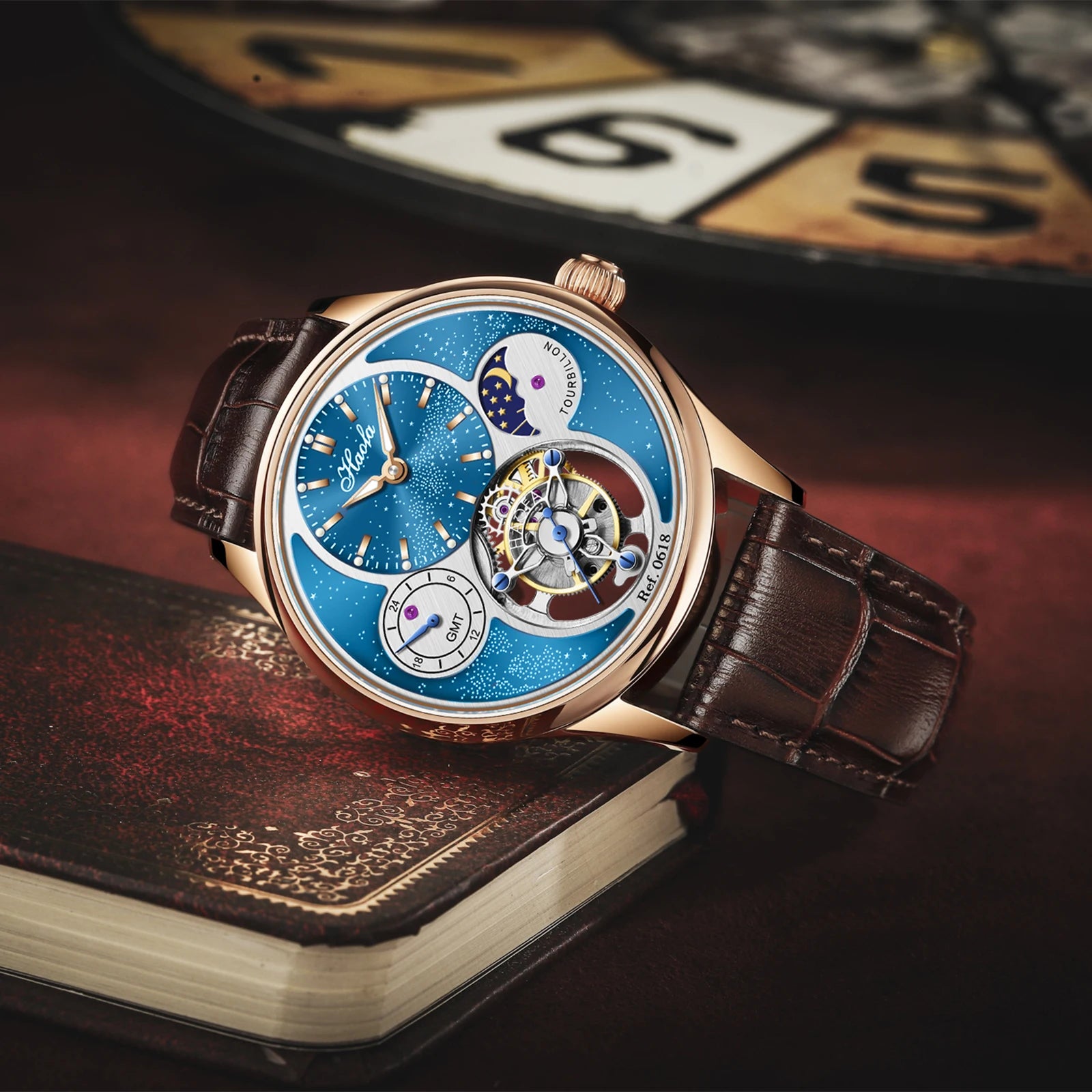 Haofa Flying Tourbillon Mechanical Men'S Watch Starry Day and Night GMT 316 Stainless Steel Leather Strap 19 Diamonds Watch 0618