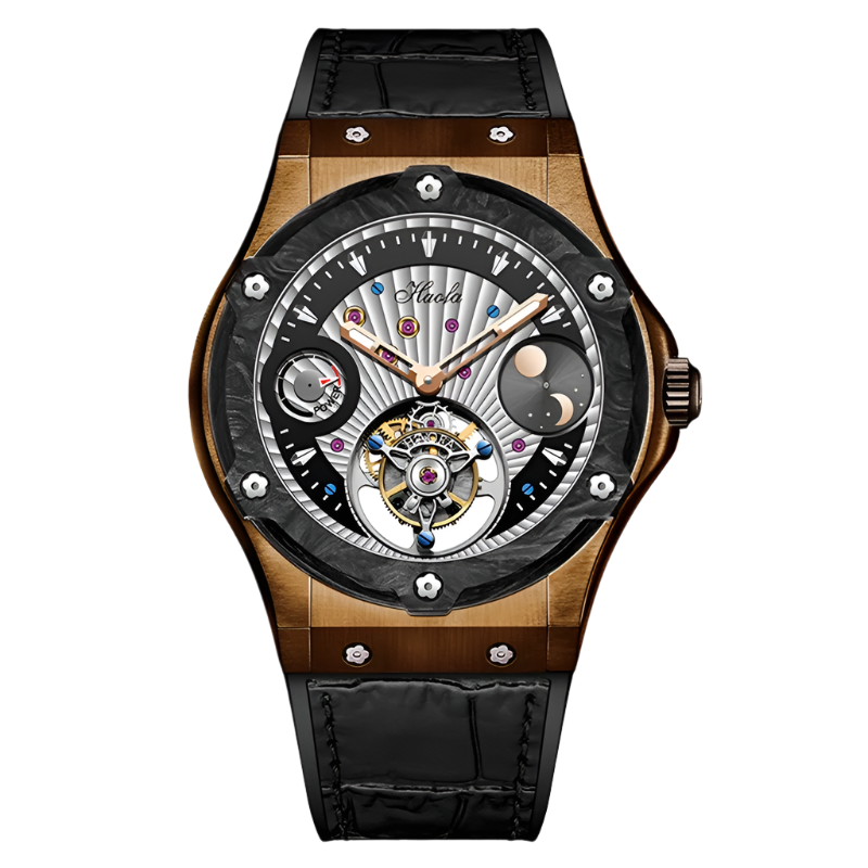 Haofa Men Moon Phase Waterproof Tourbillion Mechanical Watch Stainless Steel Case Leather Strap Butterfly Clasp Wristwatch 1915T