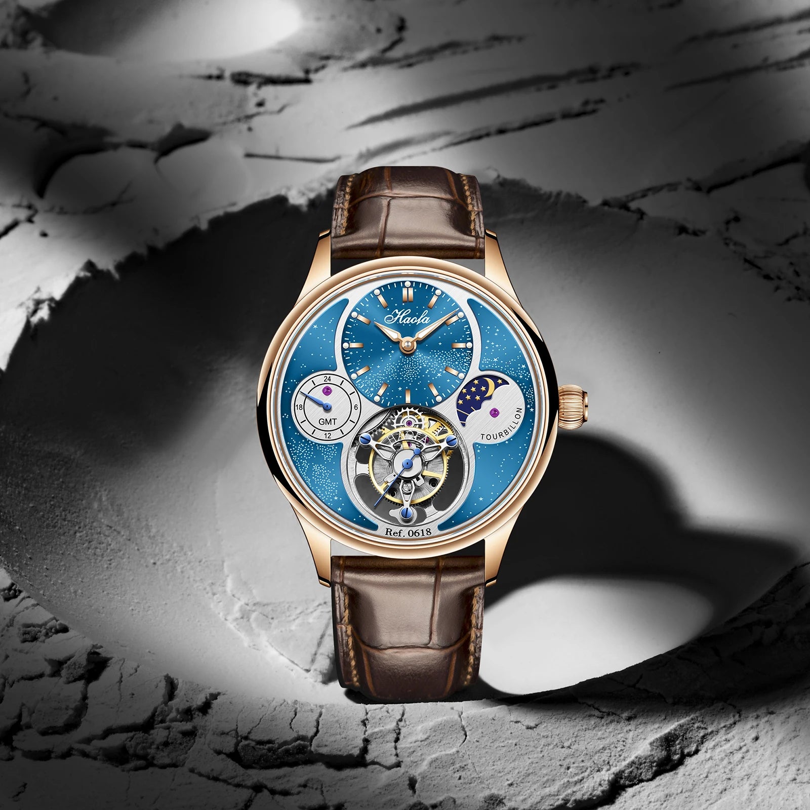 Haofa Flying Tourbillon Mechanical Men'S Watch Starry Day and Night GMT 316 Stainless Steel Leather Strap 19 Diamonds Watch 0618