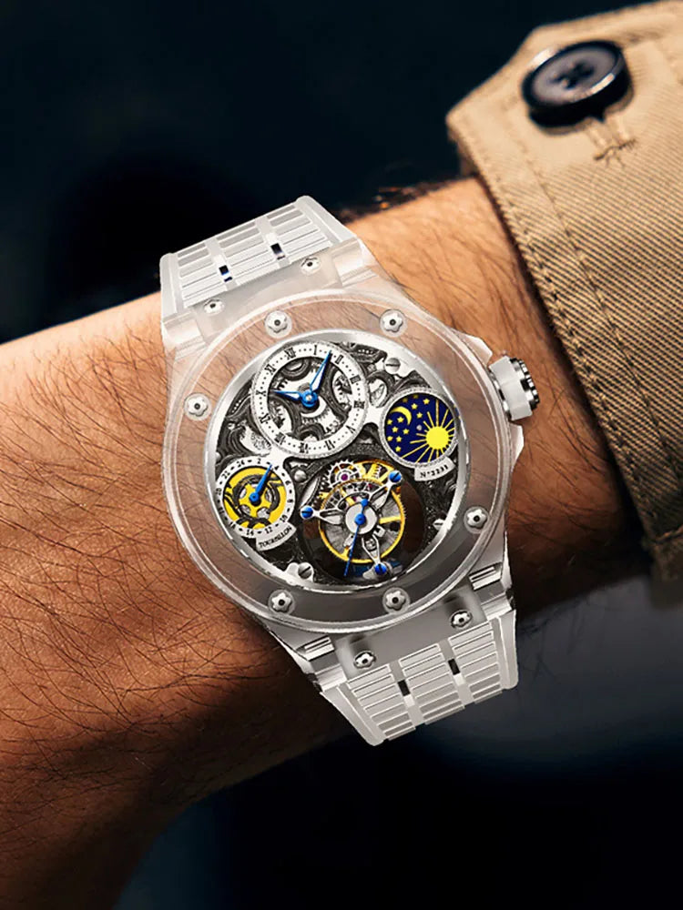 Haofa Crystal Watch for Men Tourbillon Mechanical Colorful Hollow Straight in Skeleton Painted Roman Numerals Day and Night 2231