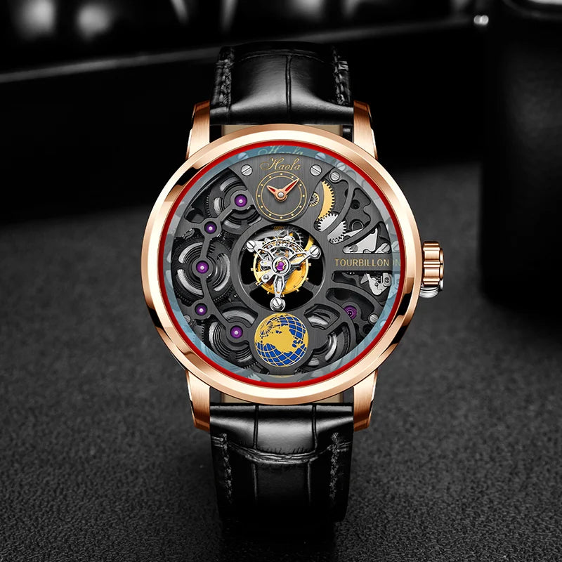 Haofa Men'S Watch Skeleton Tourbillon Rotating Earth 316 Stainless Steel Alligator Leathe Four-Spring Drive 120 Hours Power 1938