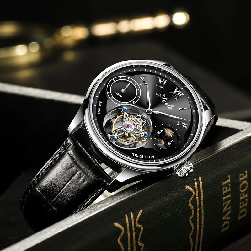 Haofa Luxury Manual Flying Tourbillon Mechanical Men'S Watch Sapphire Moon Phase Watches for Men Casual Business Wristwatch 1038