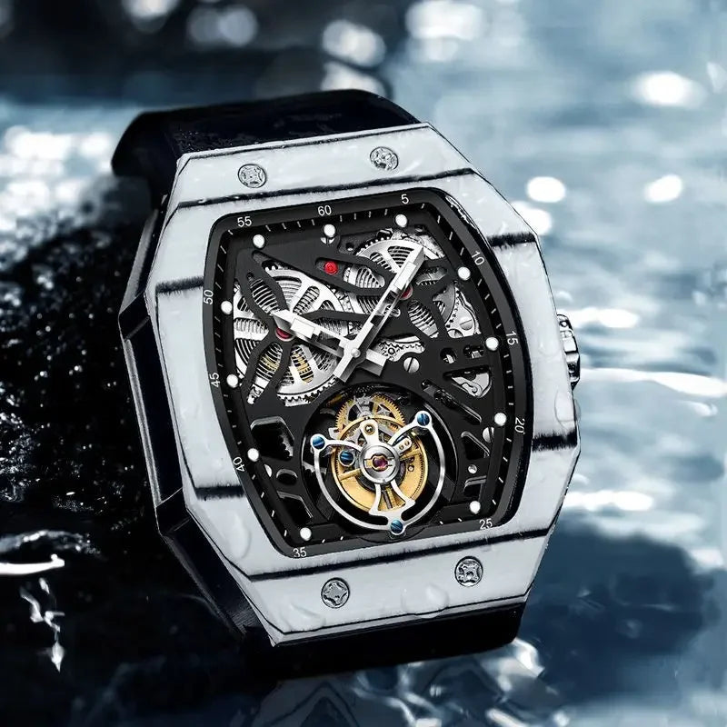 Manual AESOP Mechanical Watch with Flying Tourbillon Hand Carved Night Light Waterproof Business Style Wristwatch