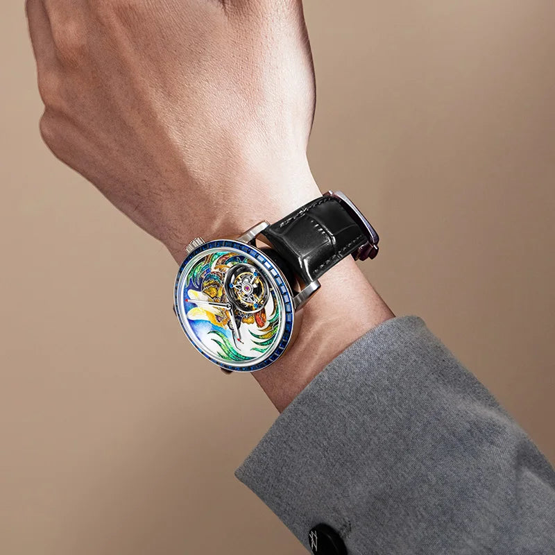 Hoafa Luxury Watch Flying Tourbillon Mechanical Men Watch Intangible Heritage Enamel Oriental Colored Zircon Bezel Designer 2261