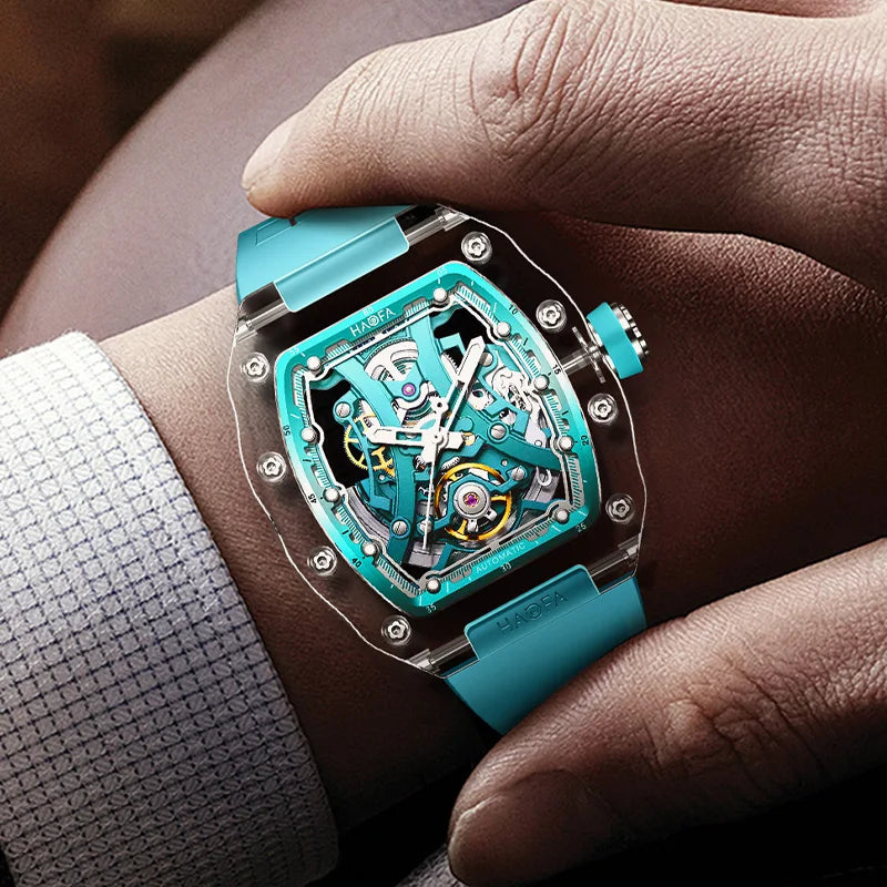 Haofa Crystal Luxury Transparent Automatic Mechanical Watch Unique Dial Skeleton Movement Wristwatch Luminous Watch for Men 2326