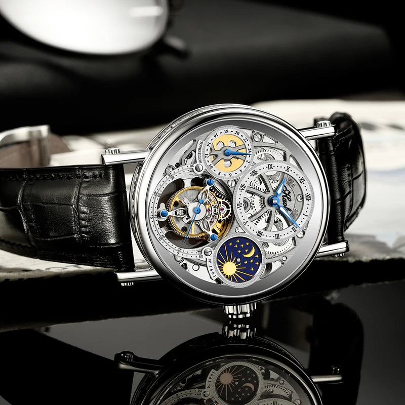 Haofa Skeleton Tourbillon Watch Man Mechanical Hollow Luminous Day and Night Painted Arabic Numerals Carve Luxury Leather 1601