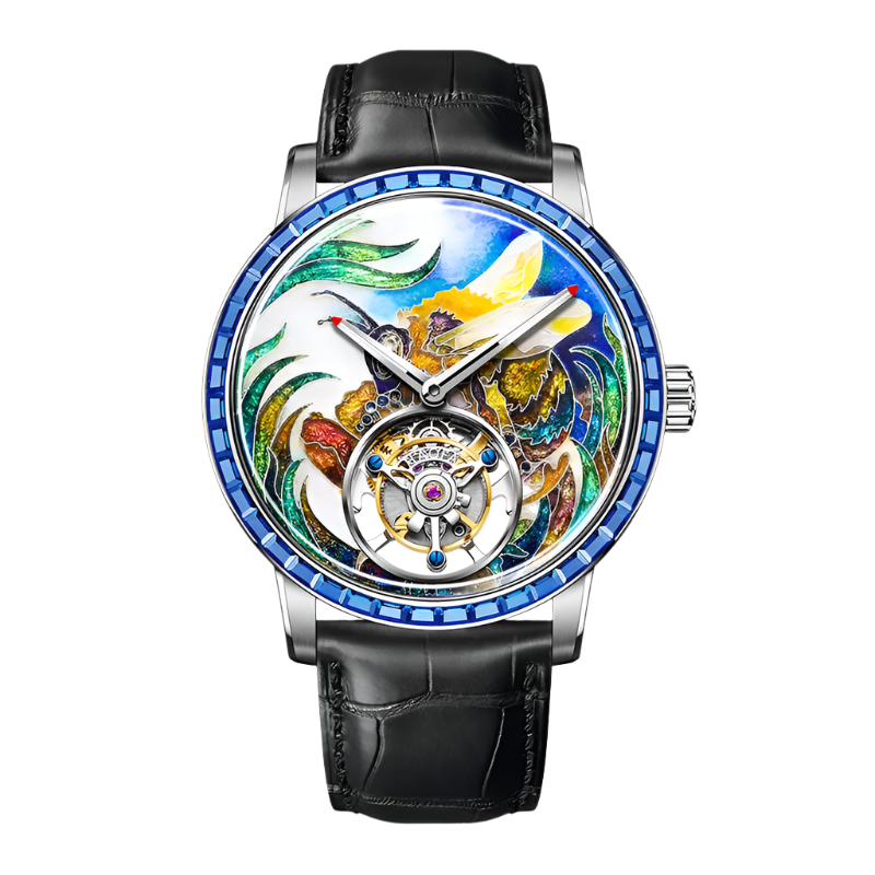 Hoafa Luxury Watch Flying Tourbillon Mechanical Men Watch Intangible Heritage Enamel Oriental Colored Zircon Bezel Designer 2261