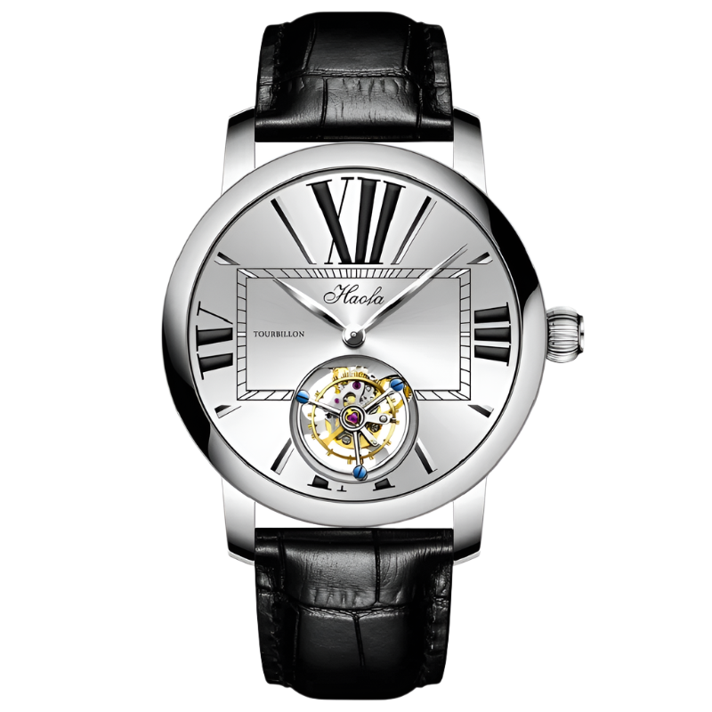 Haofa Men'S Watch Tourbillon round Dial Design Stainless Steel Case Folding Buckle Leather Strap Sapphire Waterproof Manual 1033