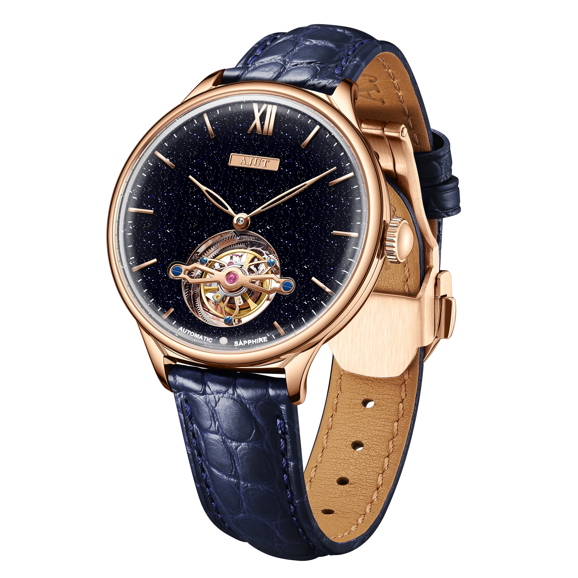 Men'S Wristwatch Automatic Winding Tourbillon Mechanical Sun Pattern and Enamel Surface Stainless Steel Waterproof TAM0345