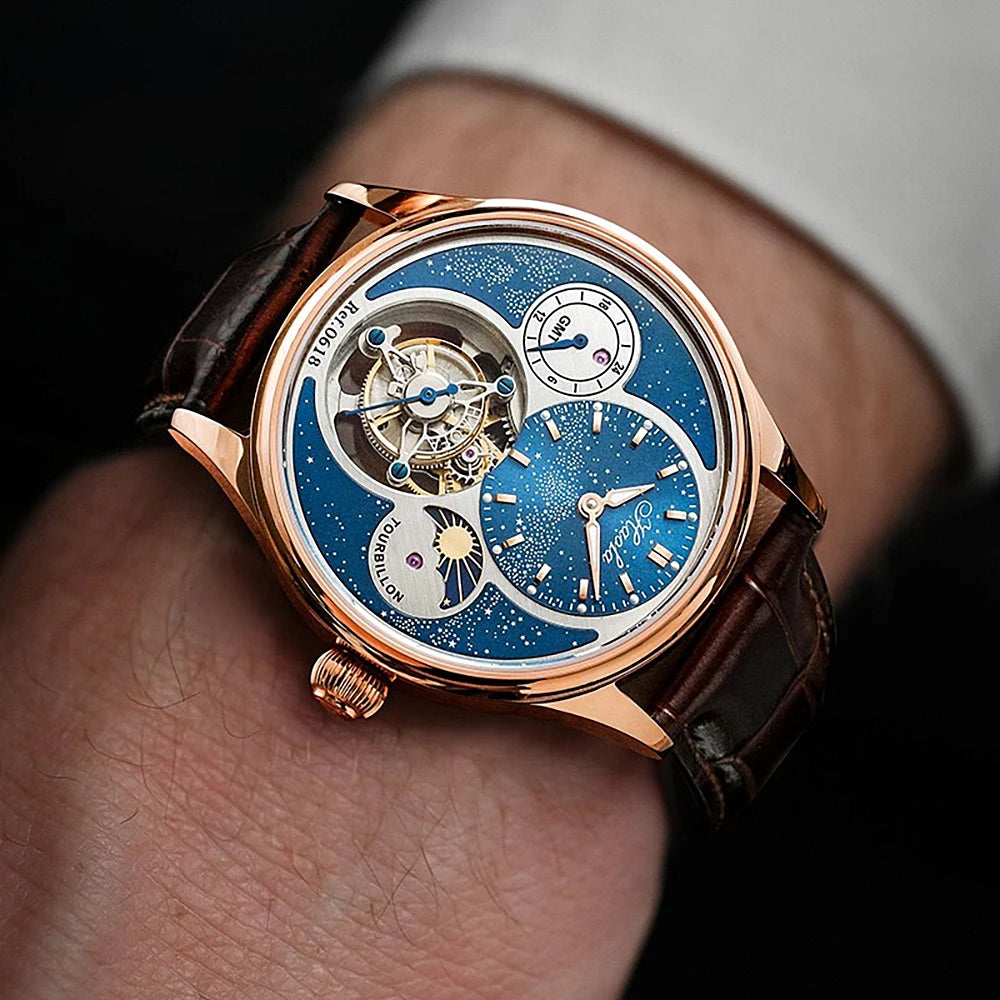 Haofa Flying Tourbillon Mechanical Men'S Watch Starry Day and Night GMT 316 Stainless Steel Leather Strap 19 Diamonds Watch 0618