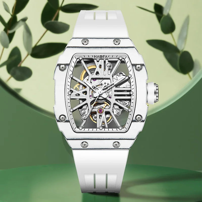 Haofa Mechanical Watch Woman Automatic Movement Painted Roman Numerals Hollow Skeleton Carbon Fiber Luminous Sport Hardcore 1995