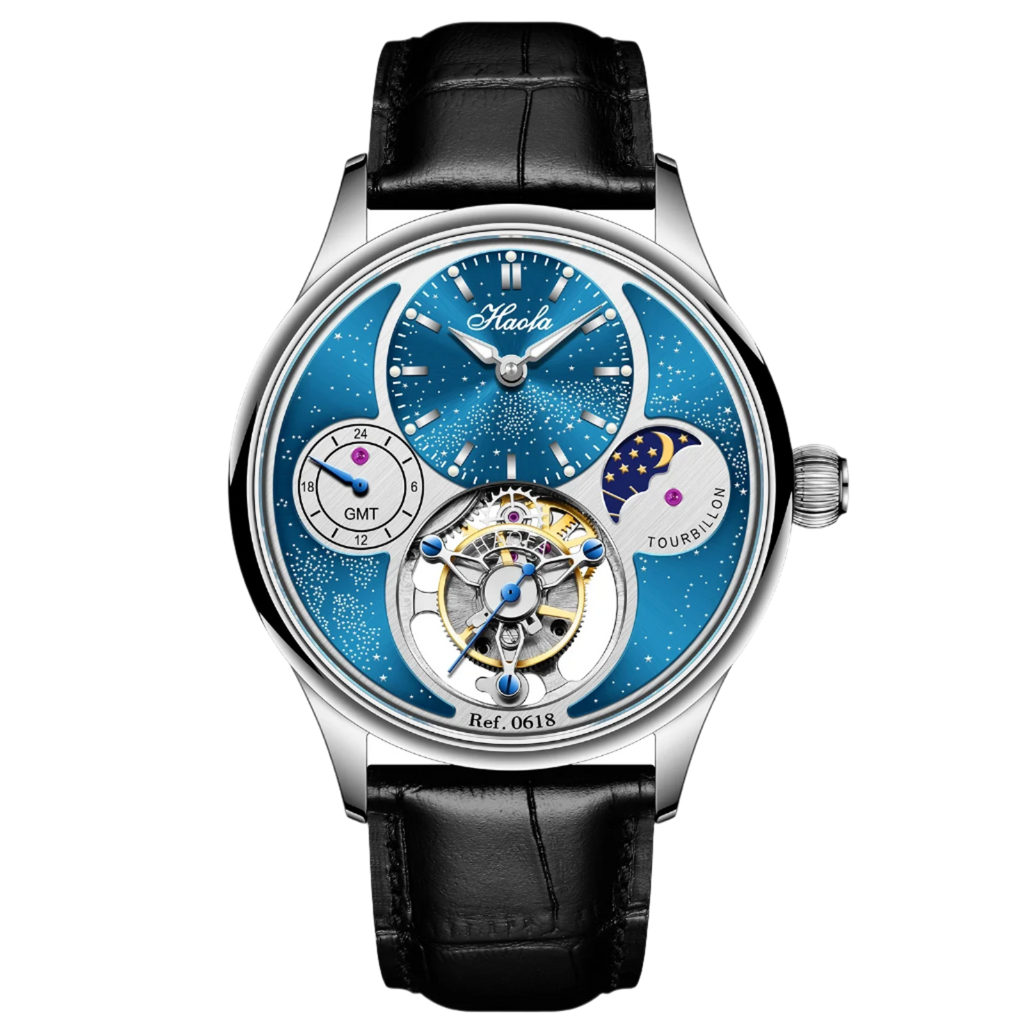 Haofa Flying Tourbillon Mechanical Men'S Watch Starry Day and Night GMT 316 Stainless Steel Leather Strap 19 Diamonds Watch 0618