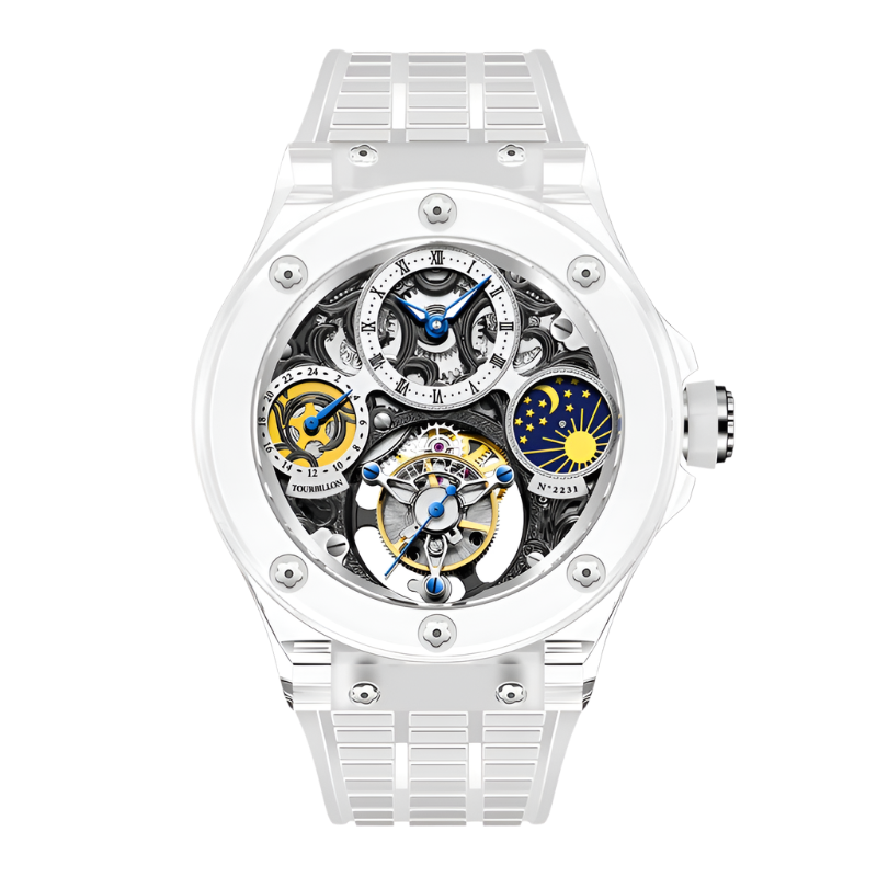Haofa Crystal Watch for Men Tourbillon Mechanical Colorful Hollow Straight in Skeleton Painted Roman Numerals Day and Night 2231