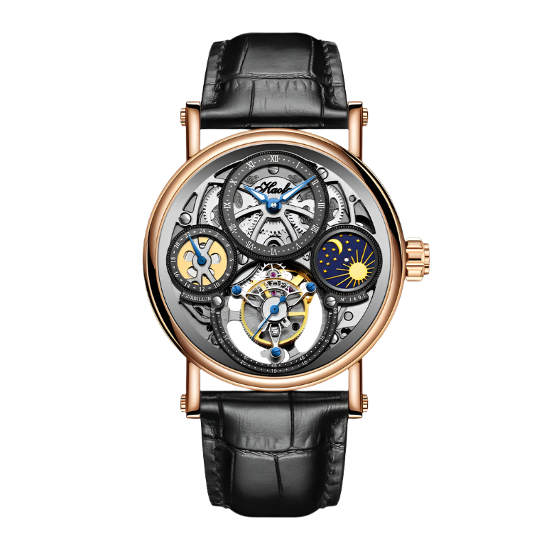 Haofa Skeleton Tourbillon Watch Man Mechanical Hollow Luminous Day and Night Painted Arabic Numerals Carve Luxury Leather 1601