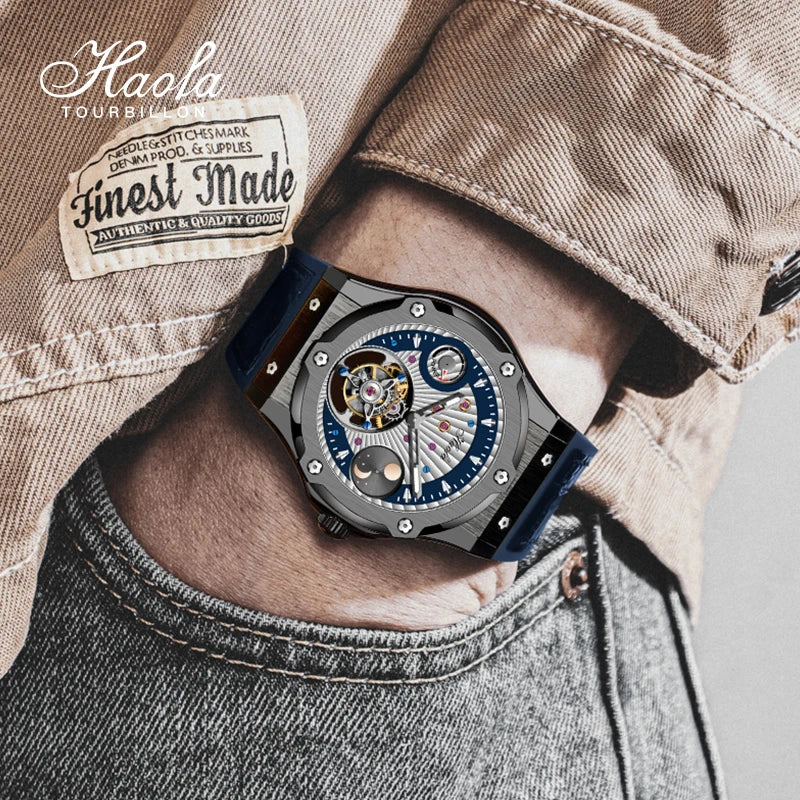 Haofa Mechanical Wristwatch Flying Tourbillon Day and Night Power Dial Sapphire Manual Business Waterproof Watch Luxury Men 1915