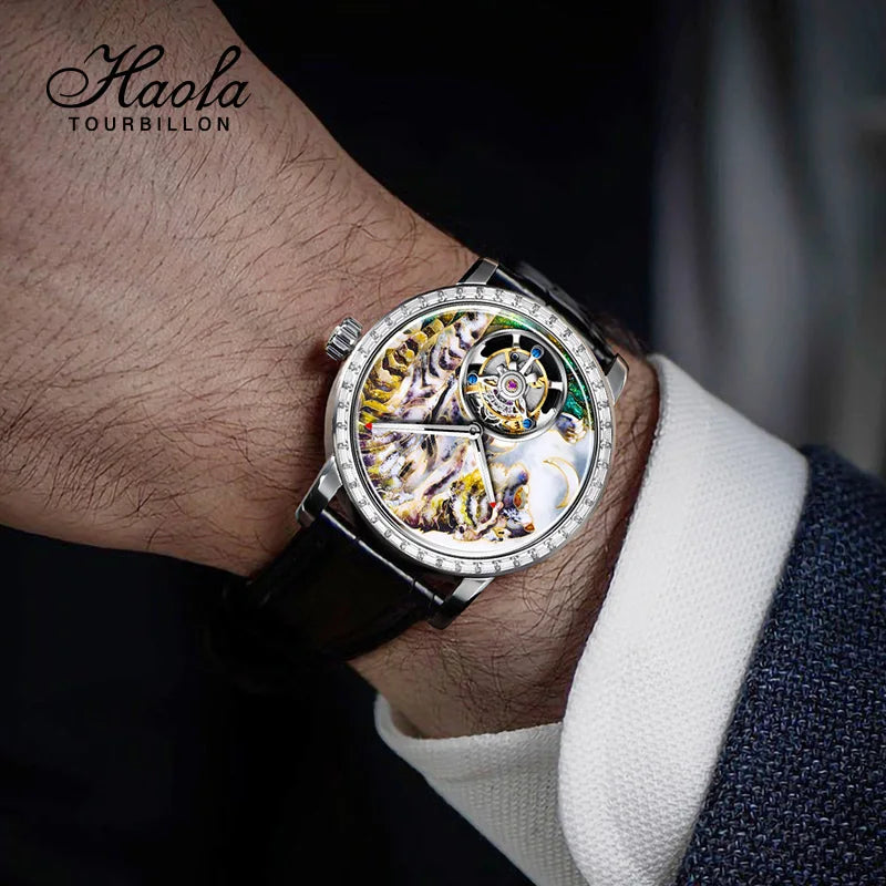 Hoafa Flying Tourbillon Mechanical Men Watch Intangible Heritage Enamel Oriental Colored Zircon Bezel Designer Luxury Watch 2261