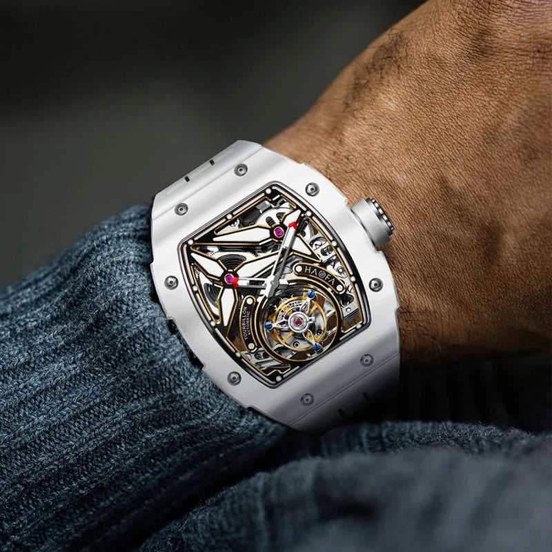Haofa Men Watch Automatic Movement Mechanical Tourbillon Luminous Skeleton Ceramics Rubber 72H Power Luxury Men‘S Watches 1901-2