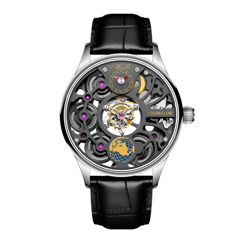 Haofa Tourbillon Mechanical Watches for Men Skeleton Center Rotating Power Earth Four Spring Drive Sapphire Crystal Mirror 1037