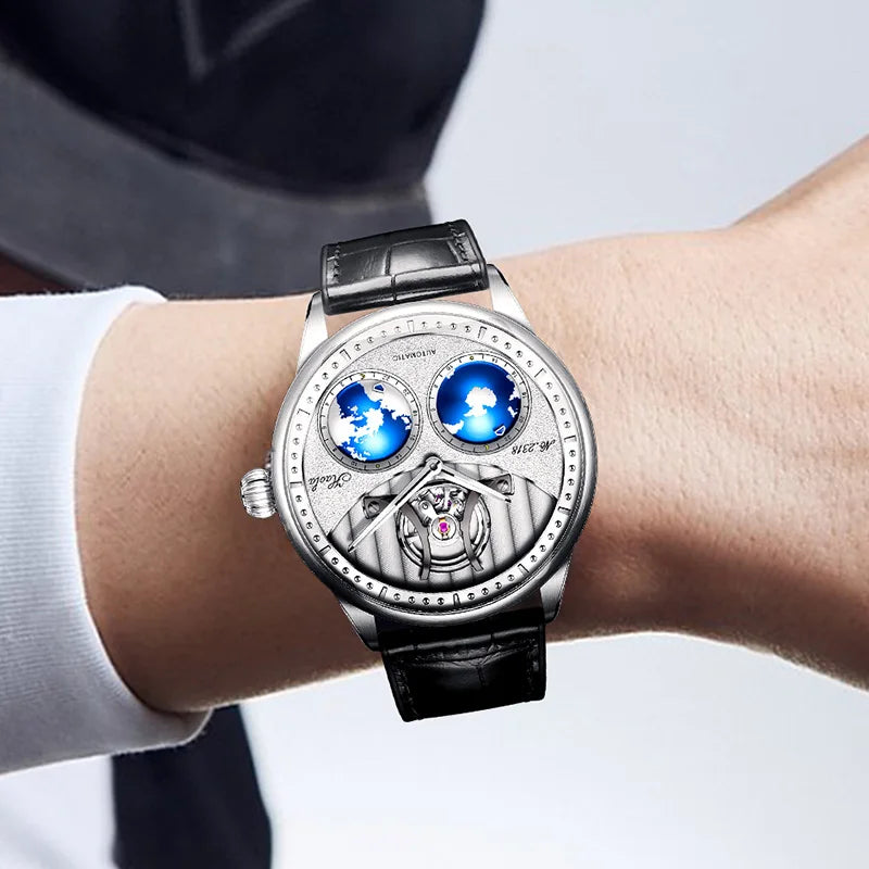 Haofa Automatic Movement Mechanical Watch Mans Earth Rotate Northern and Southern Hemisphere Open Heart Dial Electroerosion 2318