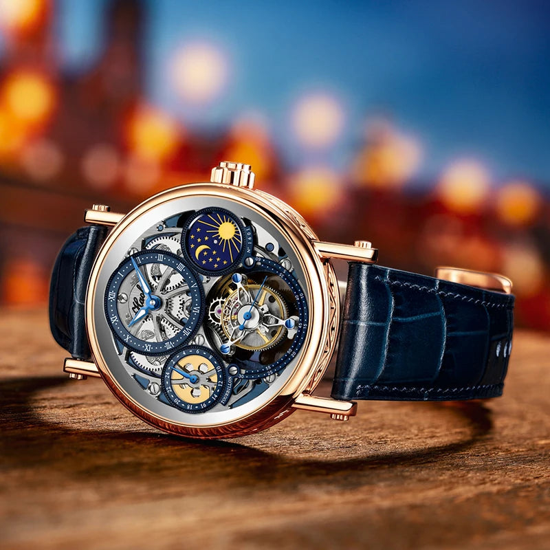 Haofa Skeleton Tourbillon Watch Man Mechanical Hollow Luminous Day and Night Painted Arabic Numerals Carve Luxury Leather 1601