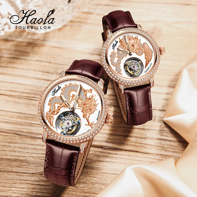 Haofa 3D Zodiac Dragon Manual Flying Tourbillon Mechanical Movement Watch Luxury Couple Sapphire Watches Exquisite Fashion 1801
