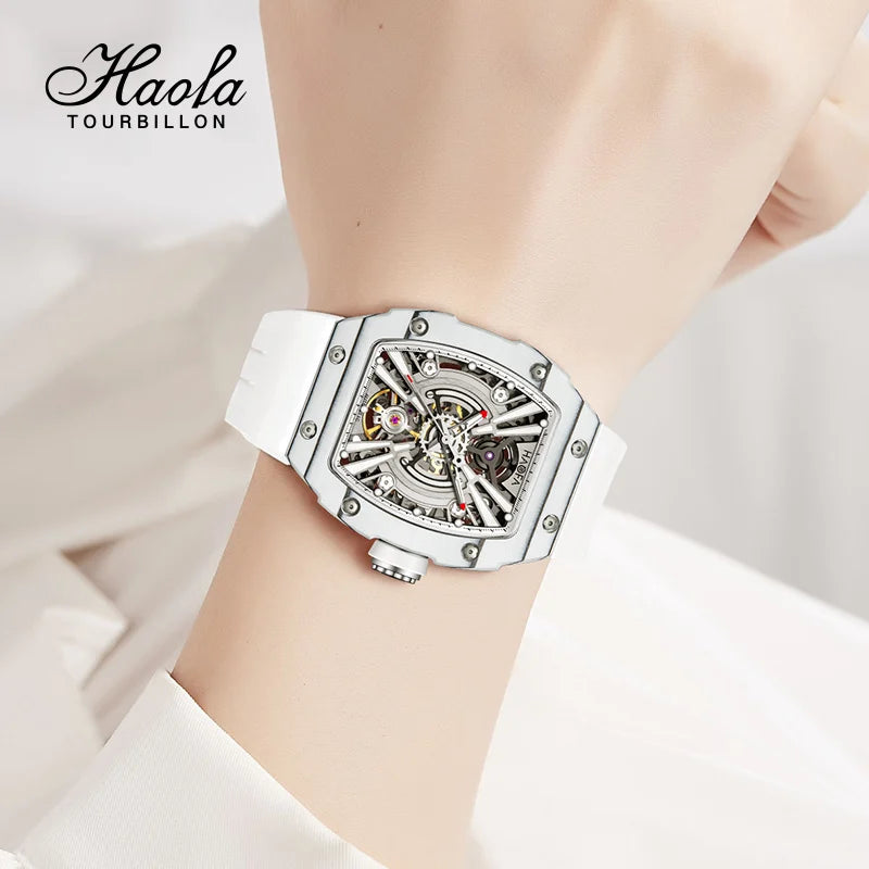 Haofa Ladies Watch 3D Skeleton Mechanical Ark Series Luminous Women Trendy Sport Watch Carbon Fiber Case 60H Power Storage 1906L
