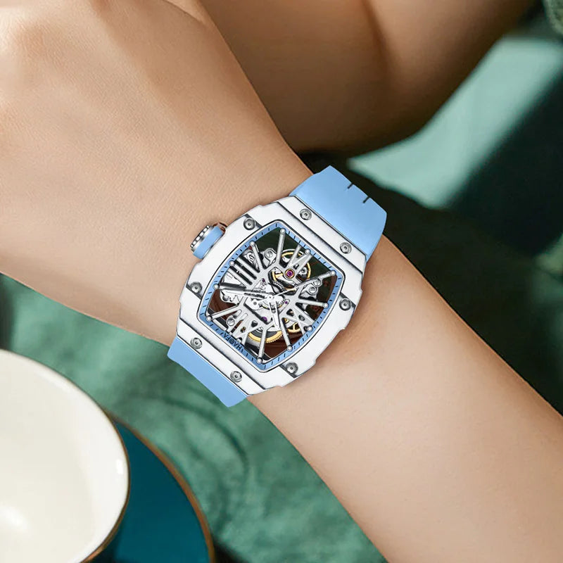 Haofa Mechanical Watch Woman Automatic Movement Painted Roman Numerals Hollow Skeleton Carbon Fiber Luminous Sport Hardcore 1995