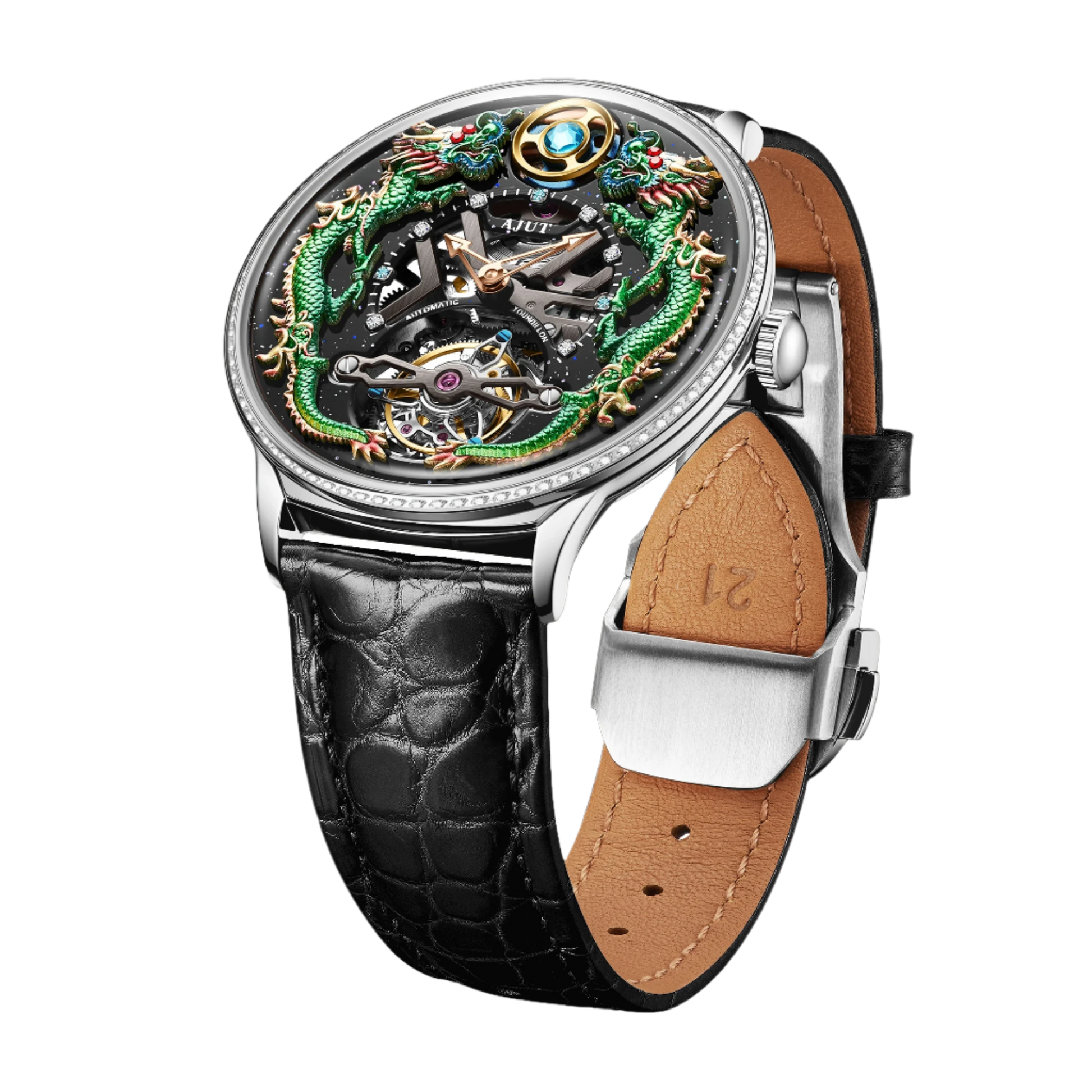 Elegant Automatic Mechanical Men's Watch with Zirconium Bezel and Crocodile Leather Strap - 43mm Dragon Dial Featuring 48-Hour Power Reserve and 50M Water Resistance