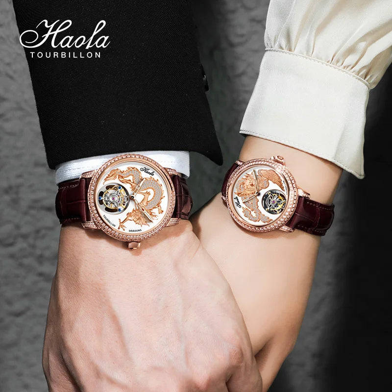 Haofa 3D Zodiac Dragon Manual Flying Tourbillon Mechanical Movement Watch Luxury Couple Sapphire Watches Exquisite Fashion 1801