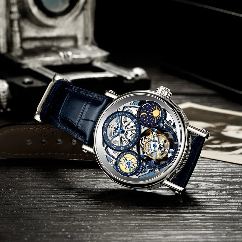 Haofa Skeleton Tourbillon Watch Man Mechanical Hollow Luminous Day and Night Painted Arabic Numerals Carve Luxury Leather 1601