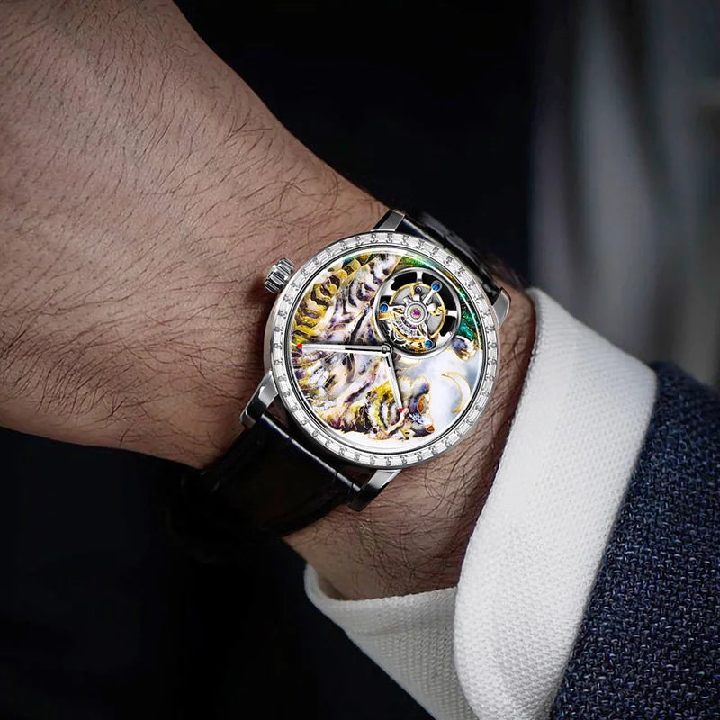 Hoafa Luxury Watch Flying Tourbillon Mechanical Men Watch Intangible Heritage Enamel Oriental Colored Zircon Bezel Designer 2261