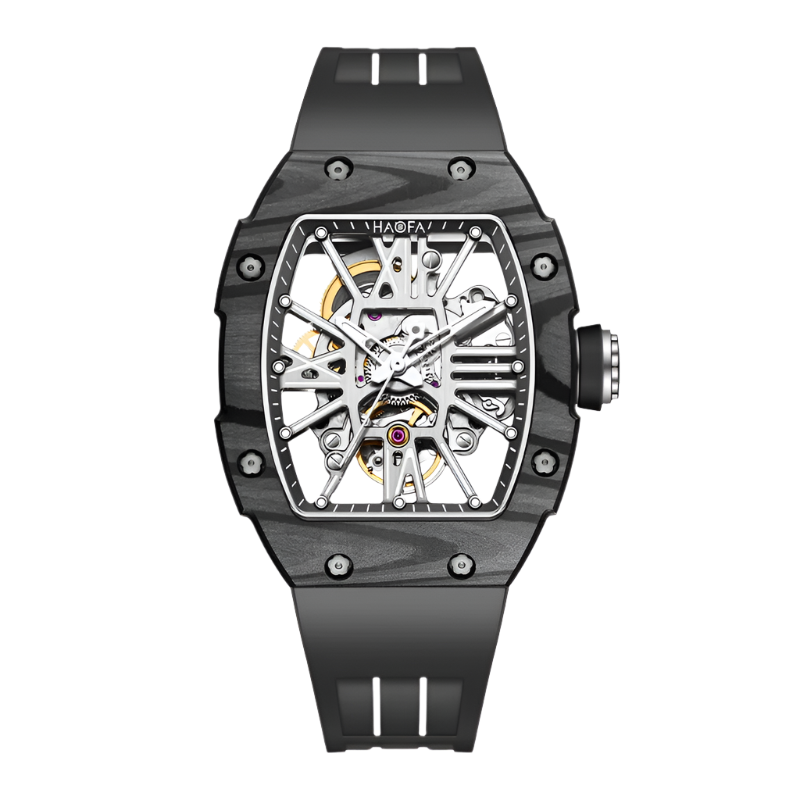 Haofa Mechanical Watch Woman Automatic Movement Painted Roman Numerals Hollow Skeleton Carbon Fiber Luminous Sport Hardcore 1995