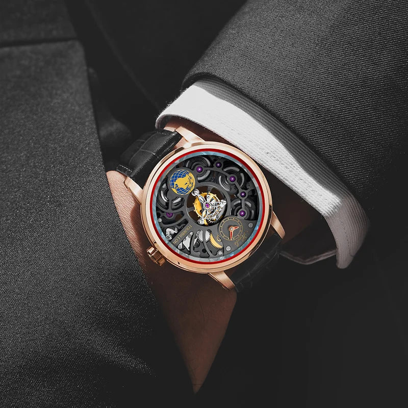 Haofa Men'S Watch Skeleton Tourbillon Rotating Earth 316 Stainless Steel Alligator Leathe Four-Spring Drive 120 Hours Power 1938