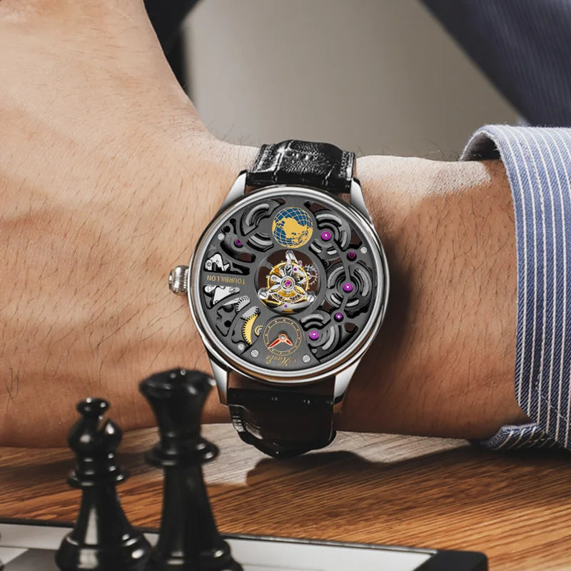 Haofa Tourbillon Mechanical Watches for Men Skeleton Center Rotating Power Earth Four Spring Drive Sapphire Crystal Mirror 1037