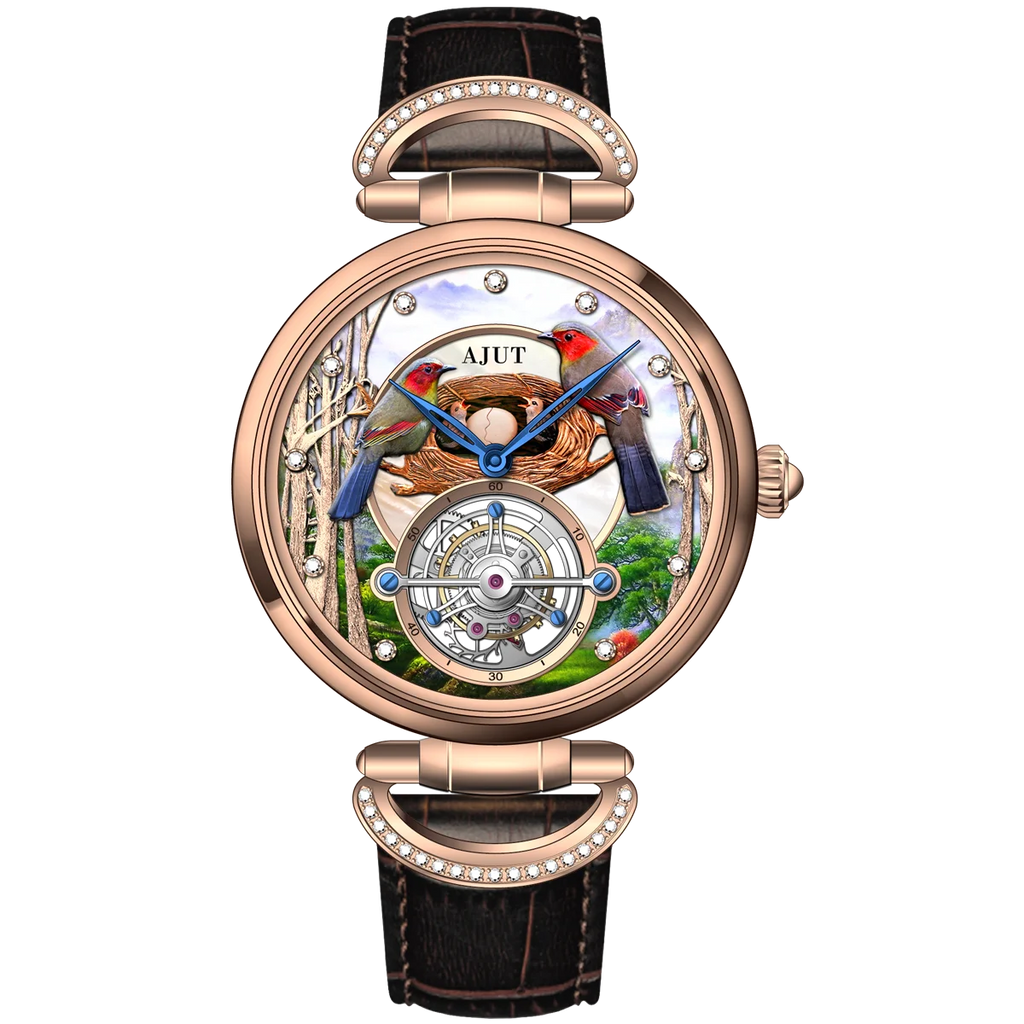 Men's Luxury Tourbillon Mechanical Watch with Embossed Bird's Nest Design and Real Diamond Inlays on Italian Leather Strap